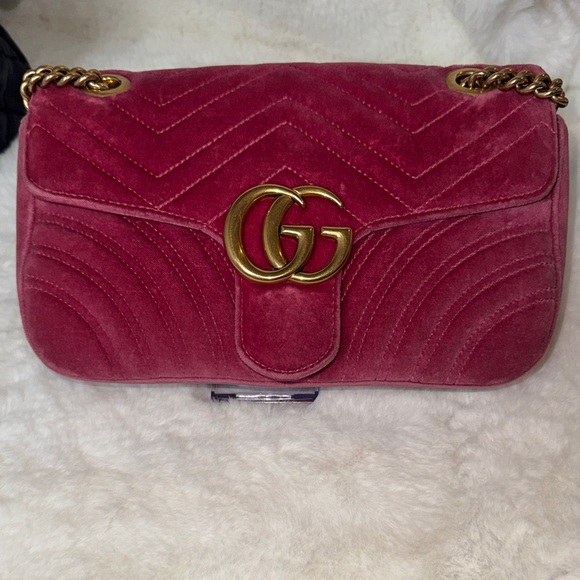 Gucci Handbags - Gucci Pink Velvet Chevron Shoulder Bag with Gold Hardware